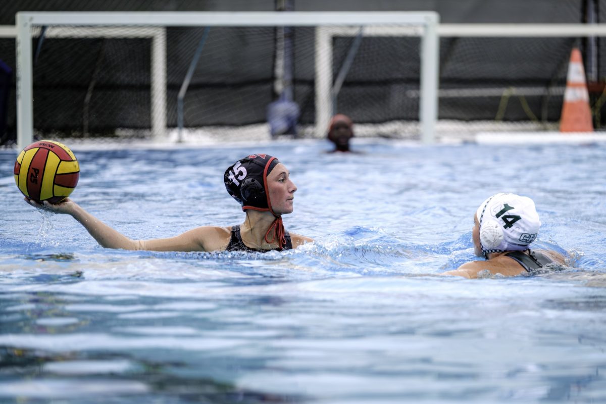 Palomar College’s Tessa Ferragamo (#15) is looking for an opening to shoot against Crafton Hills defender Rylee Huser (#14