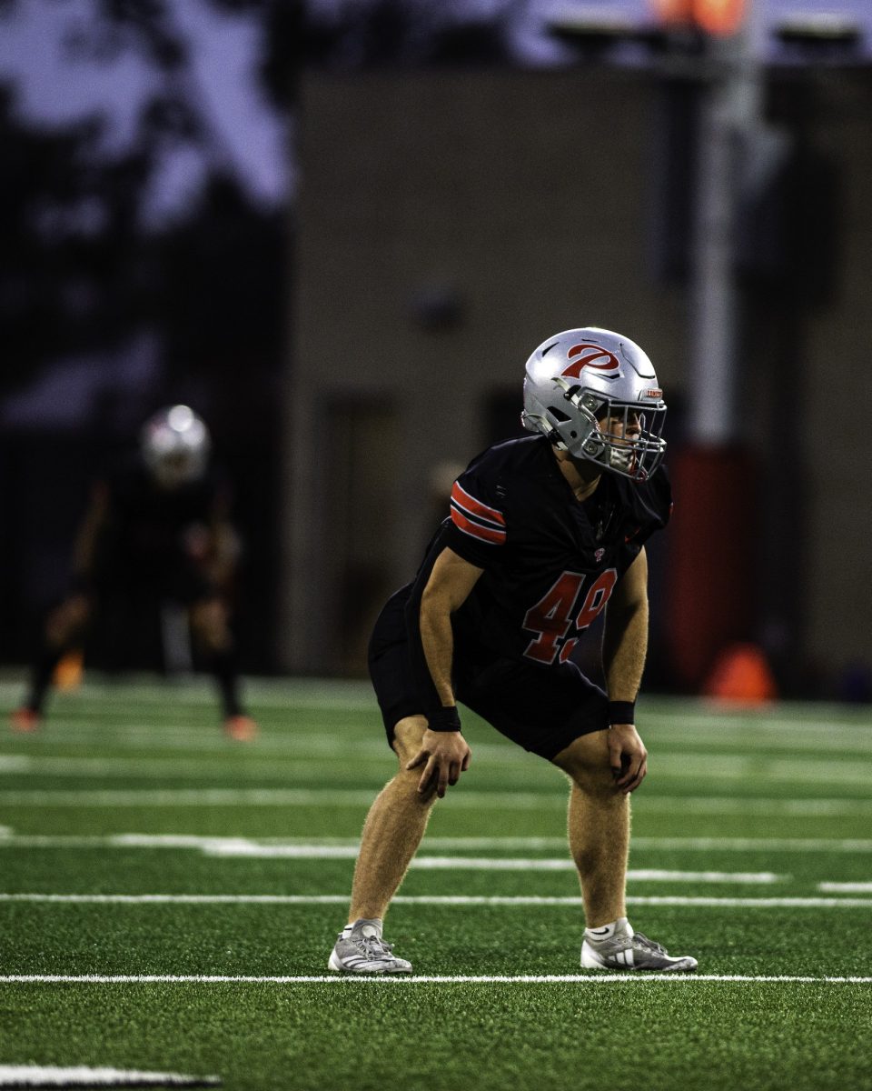 Palomar College linebacker Tanner Doyle (#49) lines up against Saddleback College on Oct. 25 2025 at the Palomar College Stadium. Photo credit: Evan Odom