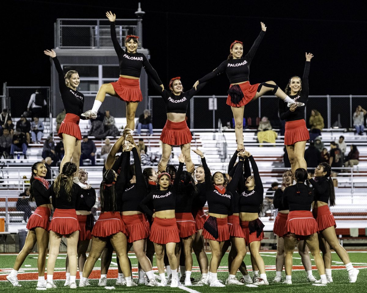 The Palomar College Cheerleading squad performs during the halftime break against Saddleback College on Oct. 25, 2025, at the Palomar College Stadium. Photo credit: Evan Odom