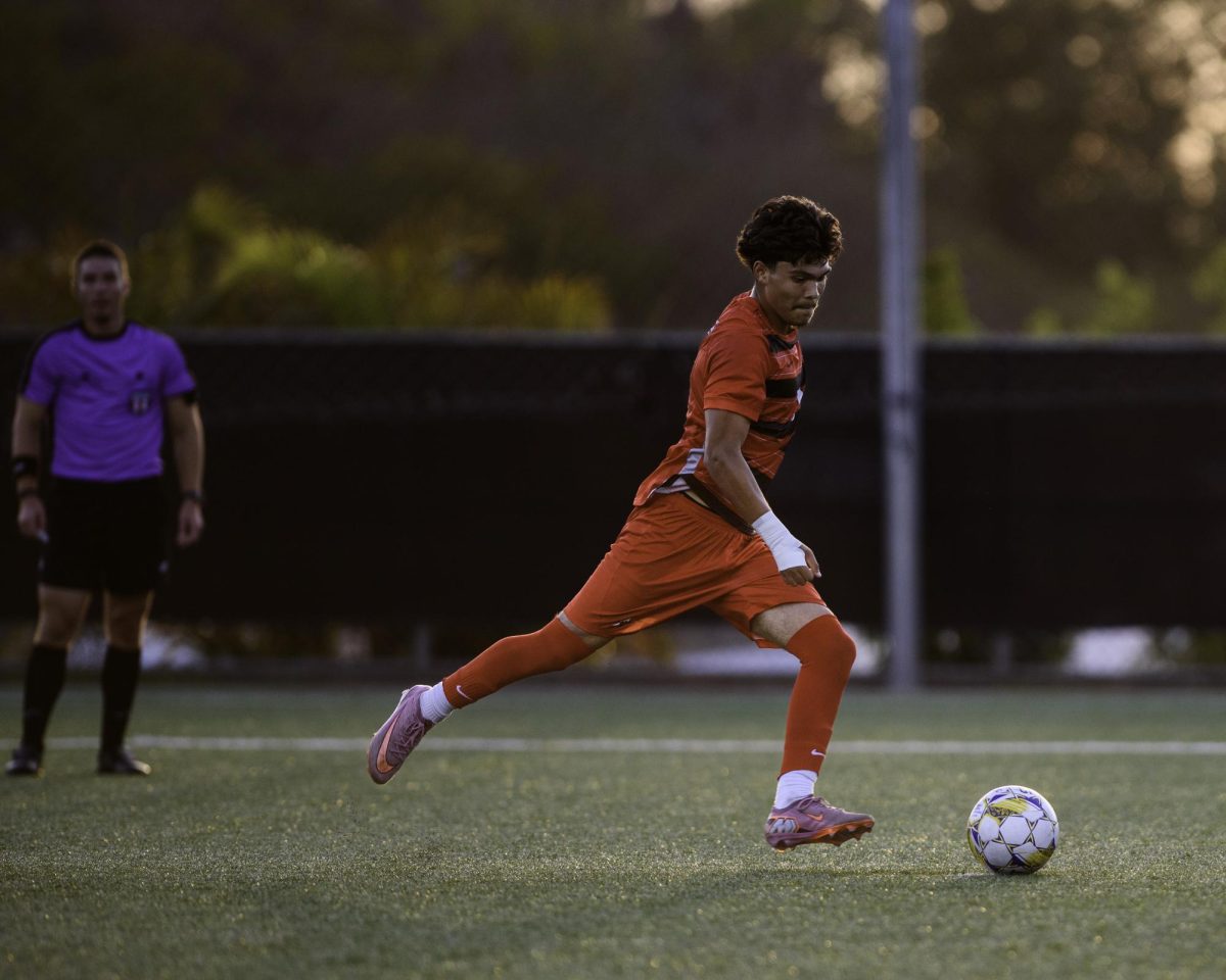 Palomar College forward Ismael Zavala (#7) kicking a penalty kick against Imperial Valley College on Oct. 21 2025 at Minkoff Field.