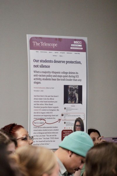 During the Nov. 5 Governing Board meeting, boards were displayed highlighting the comment made by Trustee Kaiser regarding ICE which was referenced in a recent op-ed by The Telescope. In addition to the boards, the article was printed and placed on each seat.