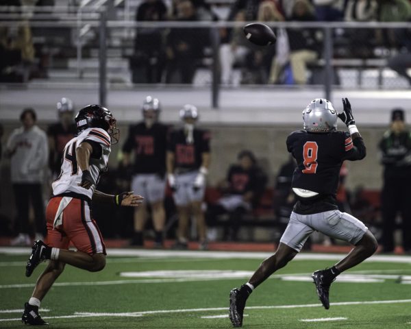 Palomar College wide receiver Vincent Landry IV (#8) is catching a touchdown pass in the second quarter against Mt. San Jacinto College defensive back Julian Santoyo (#24) on Nov. 8 2025 at the Palomar College Stadium.