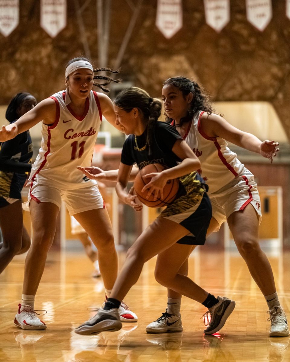 Palomar College guards Luciana Aguilar (#11) and Jessica Robles (#12) trap Allen Hancock guard Daviana Chavez (#1) in the fourth quarter on Nov. 14 2025 at the Dome.