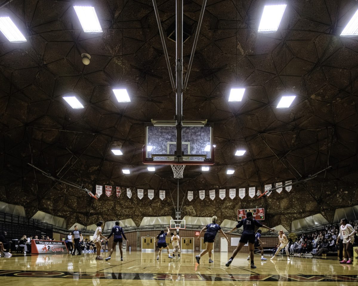 Palomar College guard Myla Jones (#23) is getting ready to shoot at the top of the key against Irvine Valley College during the third quarter on Nov. 1 2025 at The Dome.