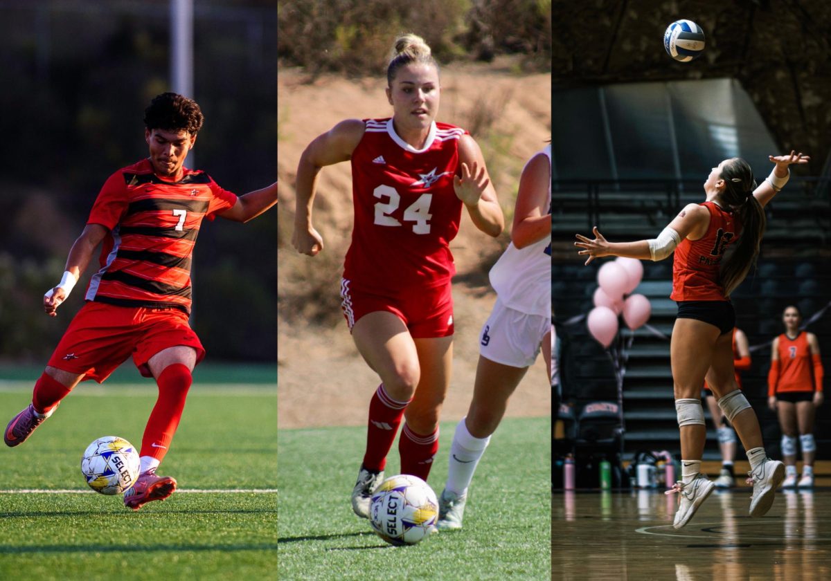 Palomar players side by side performing their sport. From left to right: soccer, soccer and volleyball.