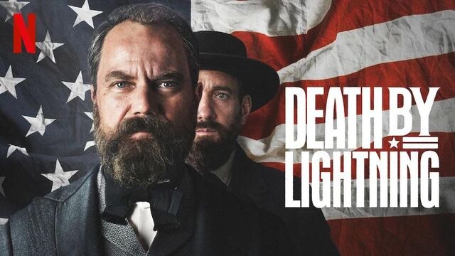 Promotional poster for the limited series "Death By Lightning," which shows an American flag behind two men and white lettering to the right of them.