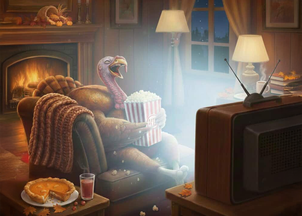 A turkey sitting in a chair holding a container of popcorn and laughing while looking at a television.
