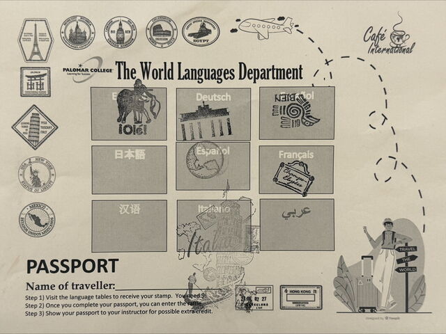 A paper with "The World Languages Department" written in large font with boxes underneath labeled with different languages, some filled with stamps.