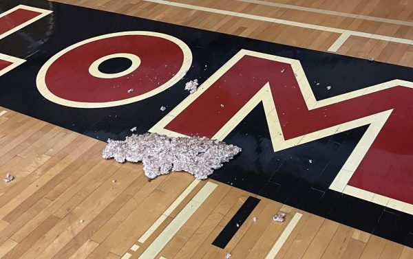 Close-up of the Dome gym floor showing tan debris from the ceiling scattered across the hardwood near the red and black “PALOMAR” logo.