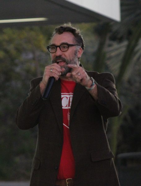 Jeff Freitas, the president of the California Federation of Teachers, speaks at the CEE and PFF solidarity rally on Dec 16, 2025.