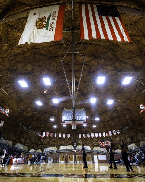 Wide view looking up inside the Dome gym, showing rows of bright square lights suspended from a brown, textured domed ceiling with championship banners and flags lining the walls below.