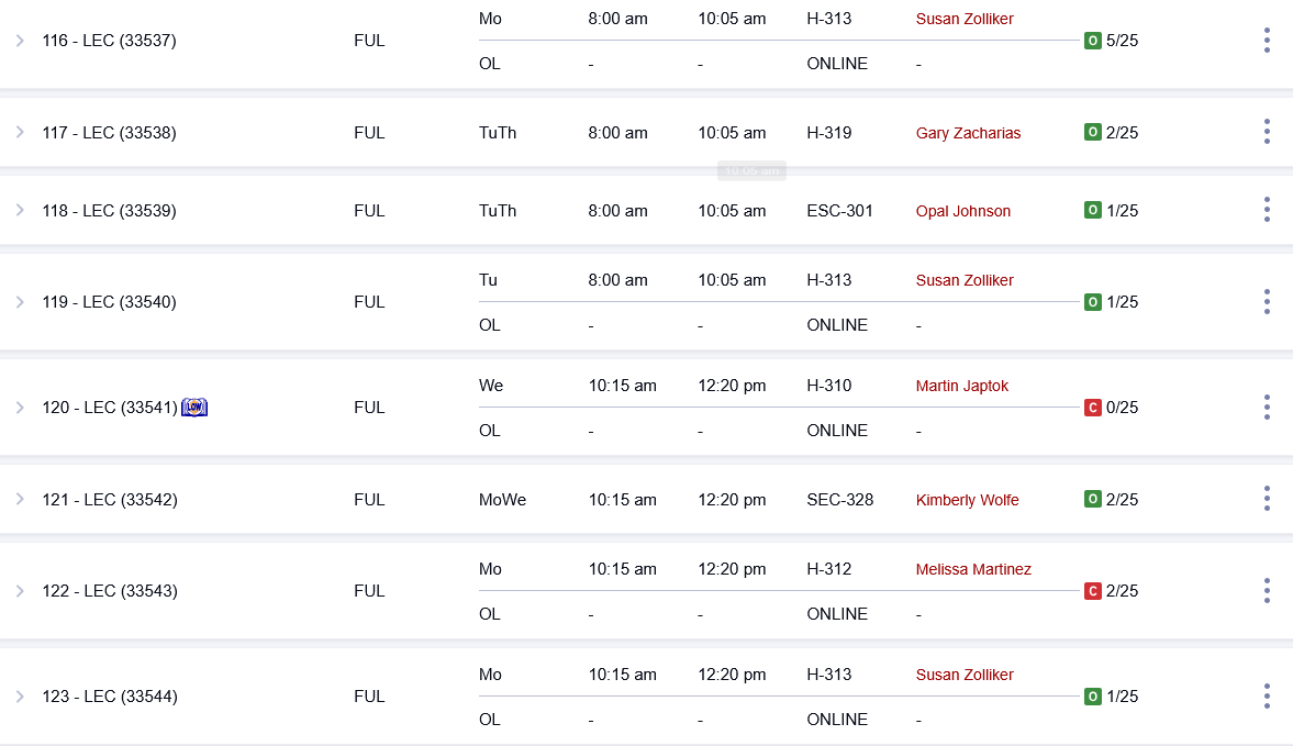 A screenshot of the course schedule on My.Palomar.