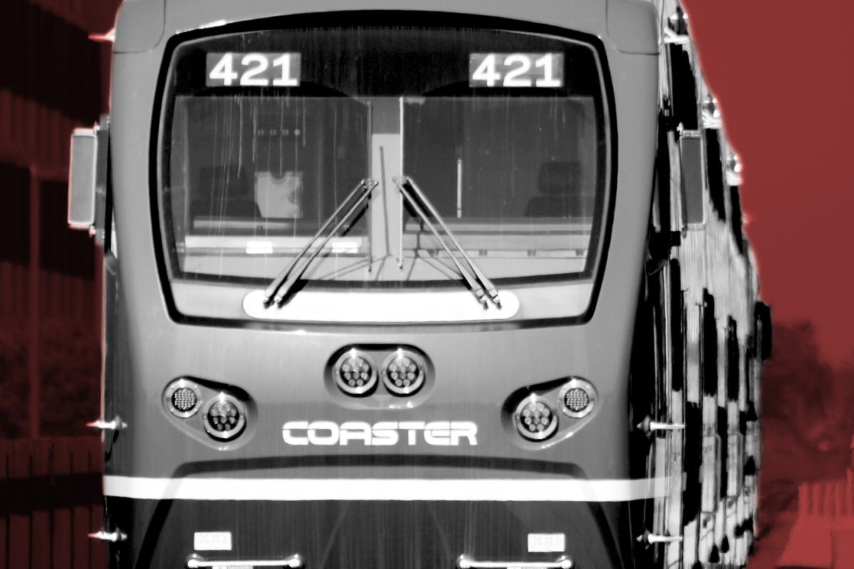 The front of an NCTD Coaster in red and white