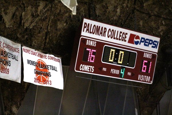 An LED scoreboard displays the final score, Comets 76, Visitors 61 after the women's basketball team defeated MiraCosta College on Feb. 20 at the Dome.