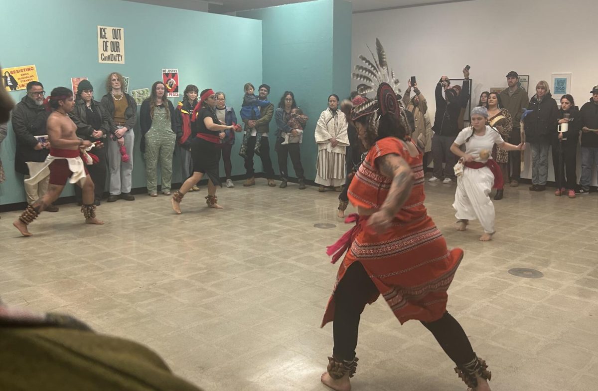 Sandra Carmona, leads local indigenous group Calpulli Omeyocan composed mostly of students in danza mexica and blessing ceremony on Feb. 19 at Boehm Gallery.