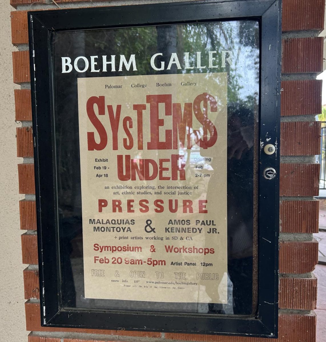Systems Under Pressure Exhibit opening poster outside of Boehm Gallery on Feb. 19.