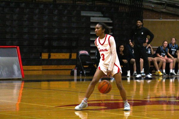 Palomar women's basketball player in a white uniform dribbles the basketball between her legs while staring at the opposing side from center court.