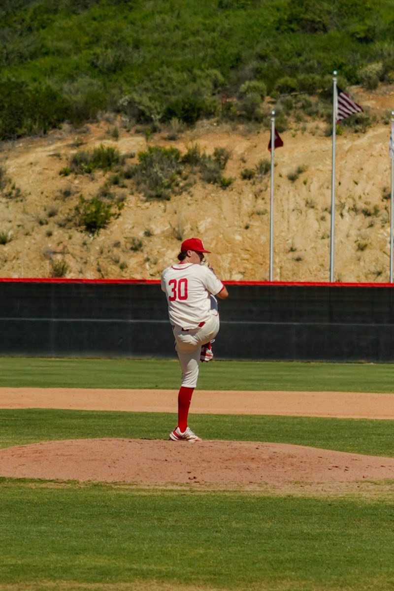 Palomar pitcher Ryan Herrod (#30) getting ready to throw a pitch against Grossmont on March 19 at Bob Vetter Field.