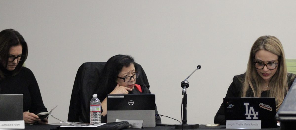 Governing Board Trustees from left to right: Jacqueline Kaiser, Judy Patacsil, Yvette Acosta during the Feb. 18 governing board meeting at Palomar College.