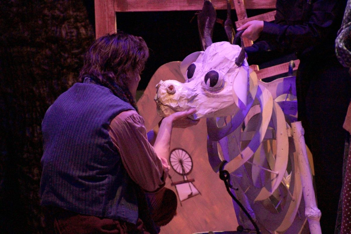Andy Ben Reynolds (Jack) addressing Milky White the cow in Palomar's performance of "Into the Woods" during a dress rehearsal on Feb. 3 at Howard Brubeck Theatre at Palomar College. Photo credit: Griselda Garcia