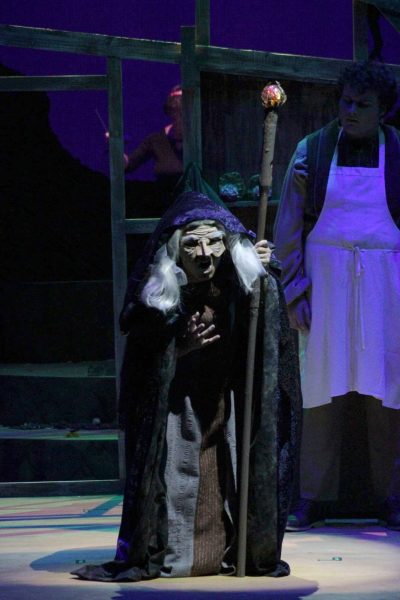 Actress Mya Feiga wears a mask portraying an old hag with long grey hair while holding a staff as she portrays The Witch in the Palomar play "Into the Woods."