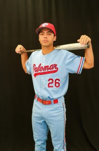 Palomar baseball player in powder-blue jersey stands with a baseball bat over his shoulders.