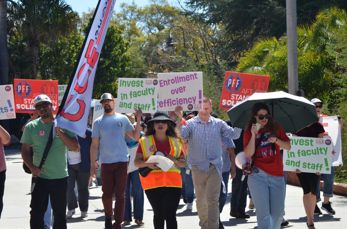 Union Leadership leads the march for the "March in March" rally across campus on March 12, 2026 at Palomar College. Left to right: CCE Vice President Carmelino Cruz, PFF Co-President William Dalrymple, CCE President Anel Gonzalez. PFF Co-President Lawrence Lawson CCE Vice President of Membership Jena Kruhmin. 