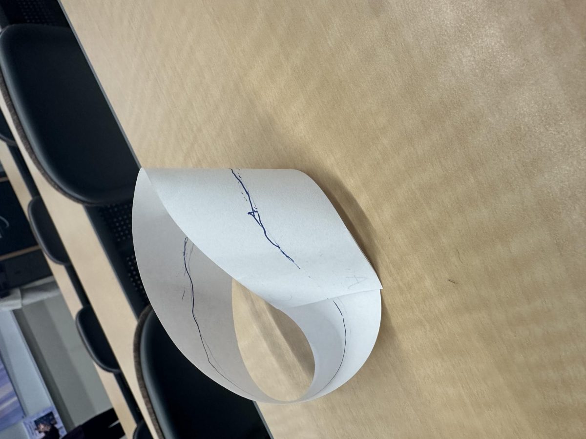 This is the math craft. It began as a two-sided strip of paper, then was followed in a way that made it one-sided. The line is to showcase it becoming one-sided. Photo credit: Sienna Alexis