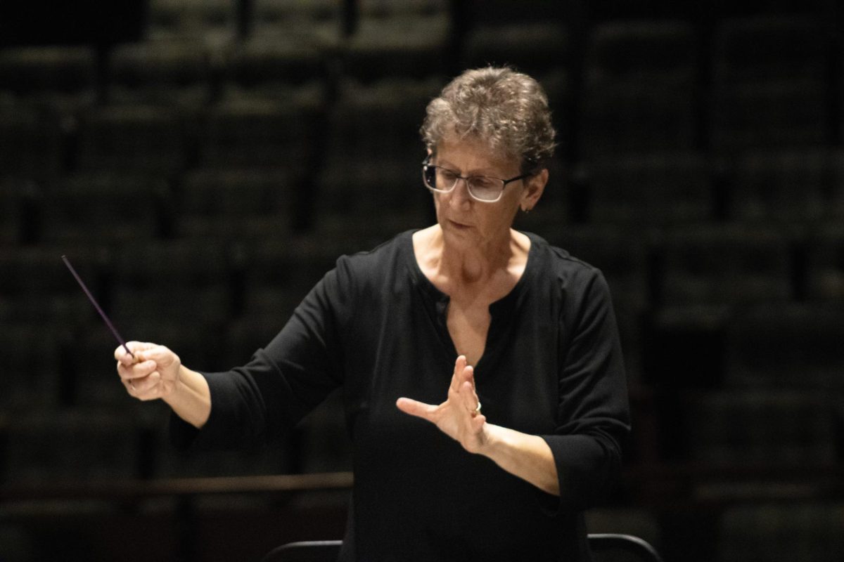 Ellen Weller conducts the orchestra during rehearsal for a previous performance.