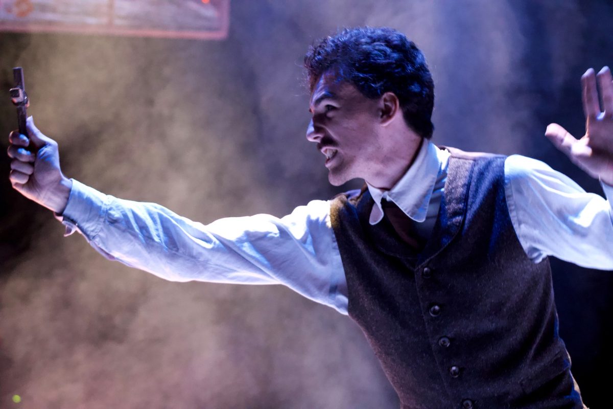 Sean Zukowski as Jonathan Harker brandishes a cross during a dress rehearsal on April 28, 2026 at Palomar College.