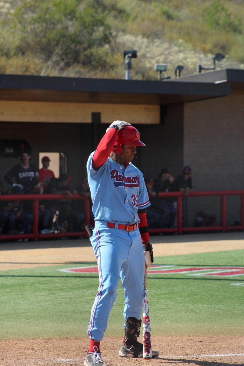 Elijah Stephens (#39) taps his helmet before taking the batter's box in the third inning against Mt. San Jacinto on May 1 at Bob Vetter Field. Stephens singled in this at-bat, advanced to third on a double by Justin Tucker then scored the first run of the game on a groundout by Preston Conklin.