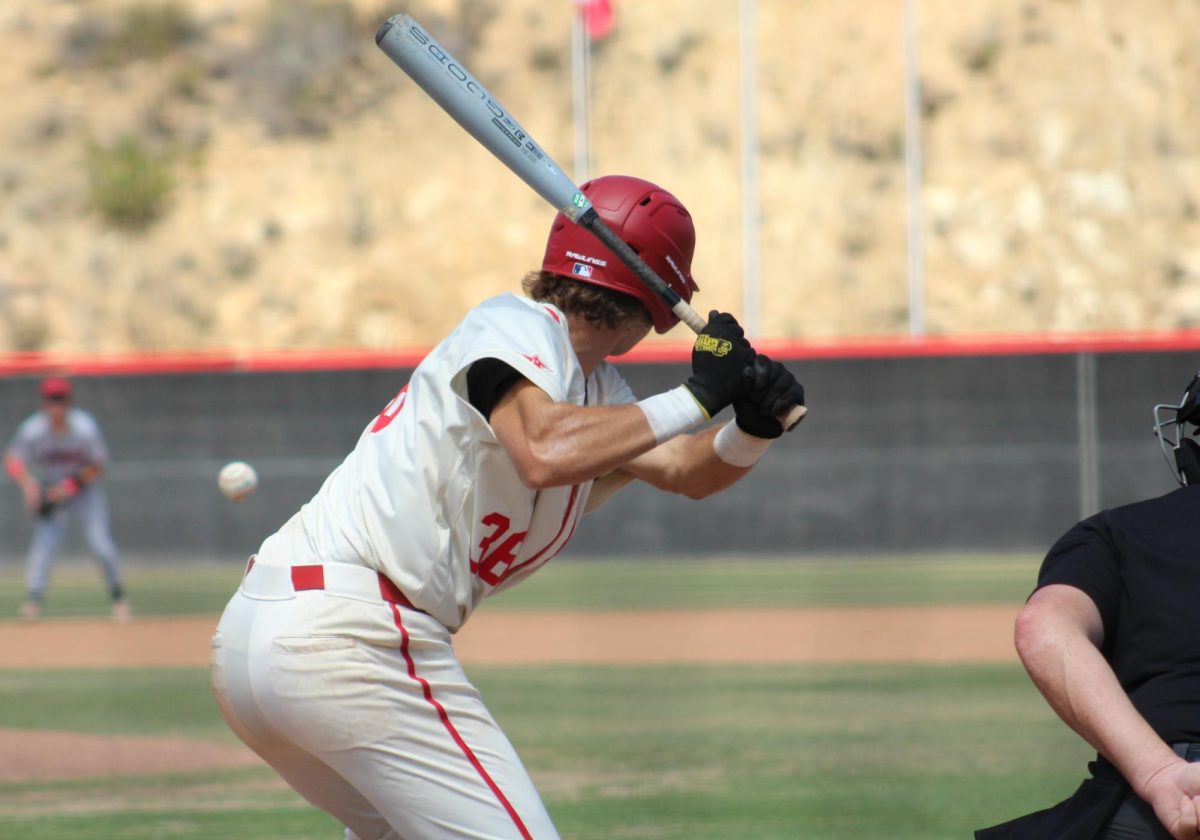 Michael Rodda (#36) prepares to swing at a pitch in Game 1 against Santa Barbara City College on May 15 at Bob Vetter Field. Rodda went 3-for-5 with two RBIs and two runs scored in the 11-5 victory. Photo credit: Tanner Hayes