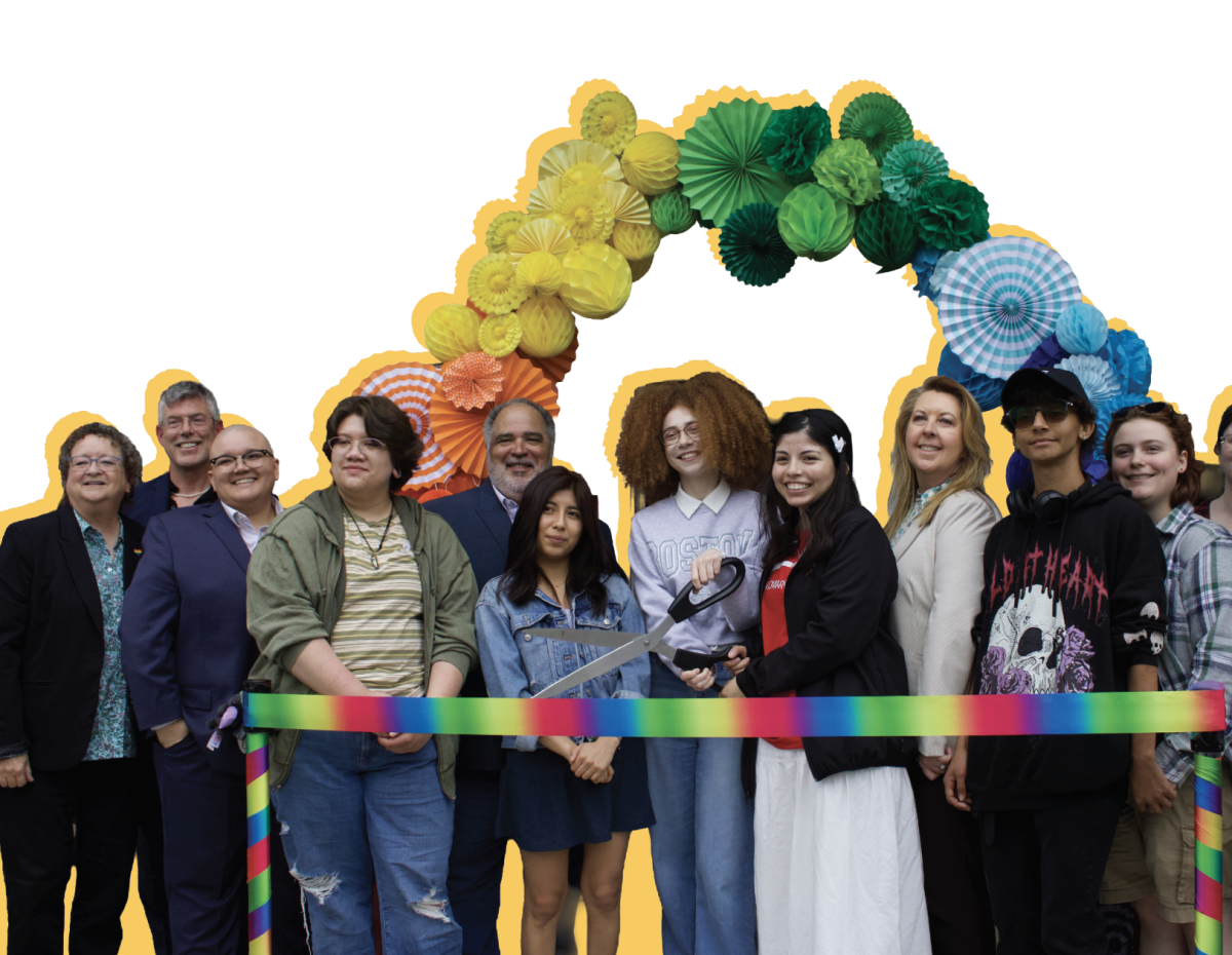 Students and staff participate in the ribbon-cutting ceremony at the Pride Center’s grand opening at Palomar College.