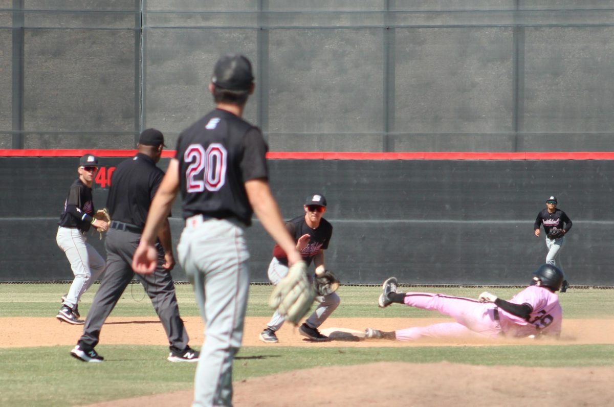 Elijah Stephens (#39) slides safely into second base in the first game of the Super Regionals against Saddleback College on May 7 at Bob Vetter Field. Photo credit: Tanner Hayes