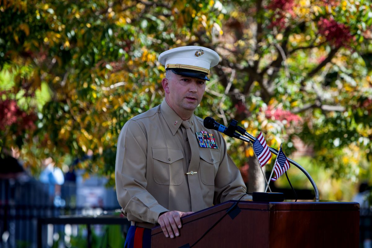 Nov. 8, 2013 | Chief Warrant Officer 4 (CWO4) William Beath, United States Marine Corps was the Guest Speaker at the Veterans Day Ceremony. CWO4 Beath is currently assigned to Marine Corps Base Camp Pendleton where he is the Officer in Charge of the Installation Personnel Administration Center's Customer Service Section. (Stephen Davis/The Telescope)